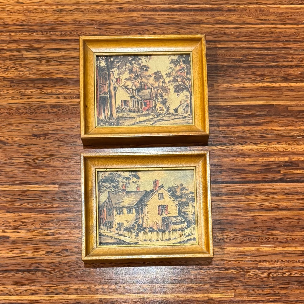 Vintage MCM Travis Brown Red Art Arthur Kaplan Street Town Lane Prints Framed